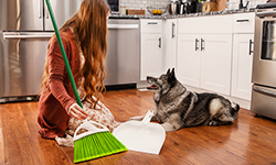 Woman holding a broom, sitting opposite her dog