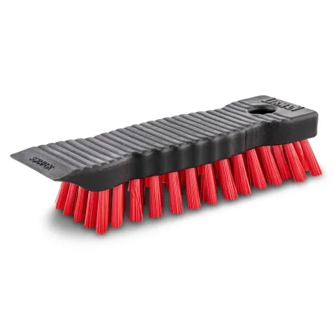 Scrub brush with black plastic handle and red fibers