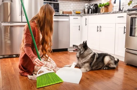 A woman and dog in the kitchen using a Libman broom set.